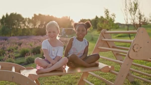 Noir Blanc Fille Assis Sur Bois Diapositive Les Filles Sourient — Video