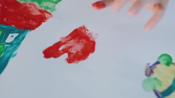 Close Red Heart Painted Sheet Child Draw Paints Baby Drawing — Stockvideo