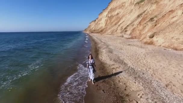 Luchtfoto Mooie Jonge Vrouw Loopt Een Strand Achterwaarts Lopen Schattig — Stockvideo