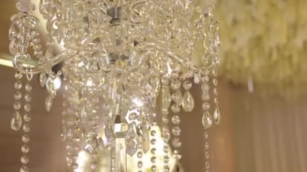 Magnifique Lustre Restaurant Beaucoup Particules Transparentes Sur Lustre Différentes Longueurs — Video