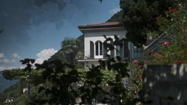 Hermosa Casa Rocas Rodeada Palmeras Plantas Viento Sacude Hojas Plantas — Vídeos de Stock