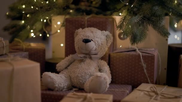 Hadiah Bawah Pohon Natal Banyak Kotak Dan Mainan Beruang Cabang — Stok Video