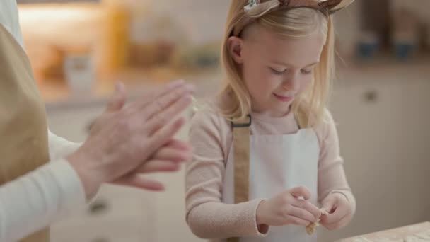 Noel Tatilleri Büyükannem Küçük Kızım Mutfakta Önlüklü Yeni Yıl Pastası — Stok video