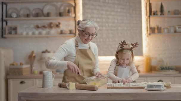Vánoční Svátky Babička Malá Holka Kuchyni Nimi Mnoho Polic Nádobím — Stock video