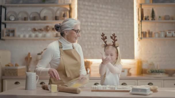 Christmas Holidays Grandmother Little Girl Kitchen Them Many Shelves Utensils — Stock Video