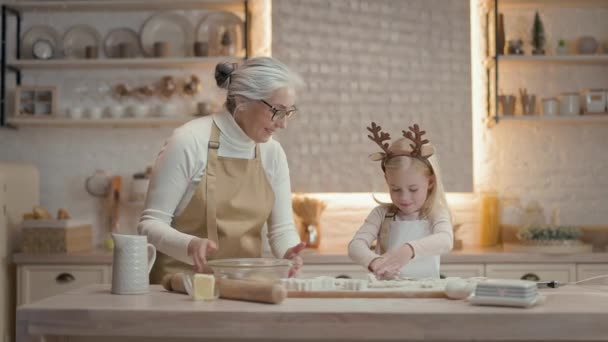 크리스마스 홀리데이 할머니와 부엌에 배후에는 편도선 소녀는 종류의 비누를 만들어 — 비디오