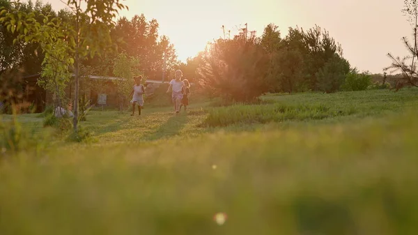 Kolme Lasta Juoksee Puutarhassa Kaunis Kesäaurinkoinen Päivä Mustia Valkoisia Tyttöjä — kuvapankkivalokuva