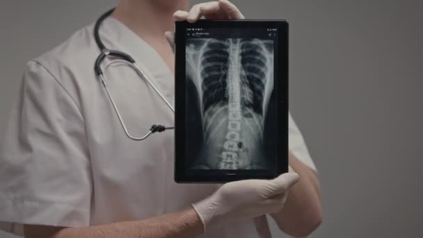 Hand Doctor Medical Gown Gloves Holds Tablet Has Stethoscope His — Vídeo de Stock