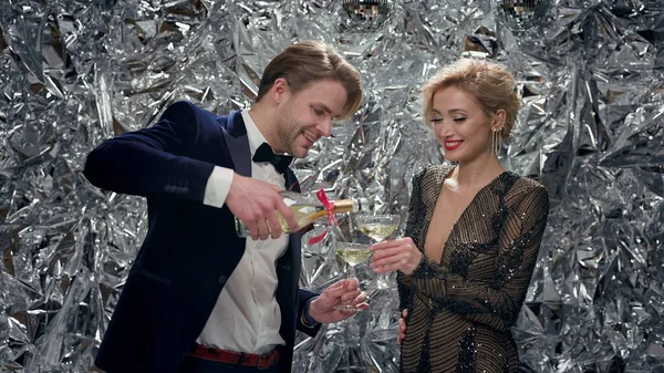 Girl Holding Glass Man Pours Champagne Man Suit Party Romantic – stockfoto