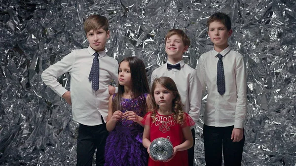 Five Children Background Silver Scenery Celebration Little Girl Red Dress — kuvapankkivalokuva