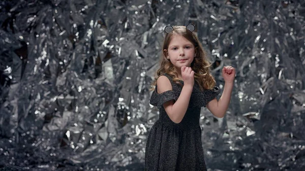 Cute Little Girl Dancing Shiny Background Little Girl Long Hair — kuvapankkivalokuva