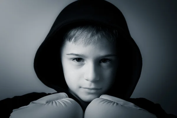 Hooded fighter boy — Stock Photo, Image