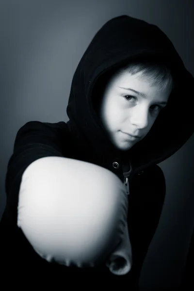 Hooded fighter boy — Stock Photo, Image