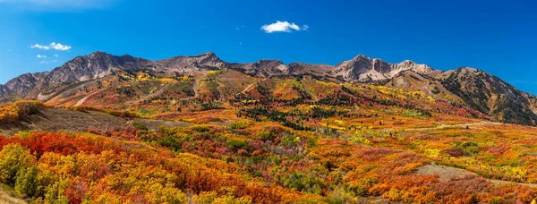 Panoramatický Výhled Zasněženou Krajinu Jasným Podzimním Listím Kolem Vrcholků Mont — Stock fotografie