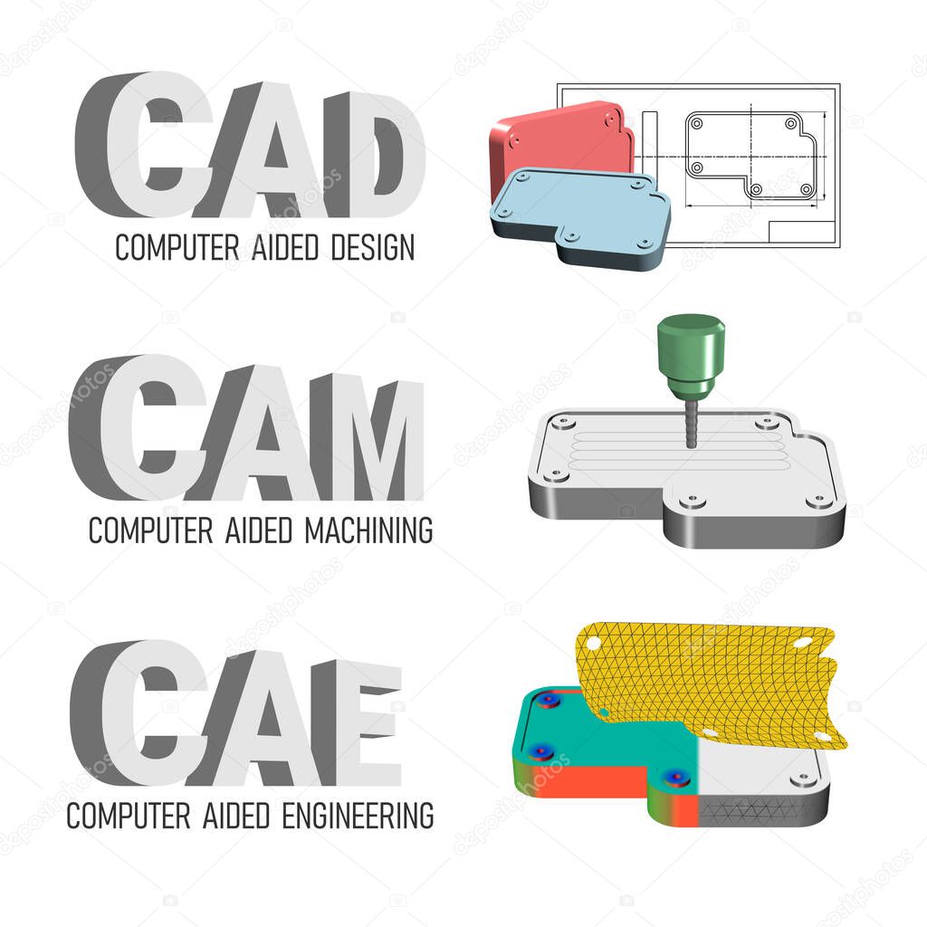 3D illustration of engineering process of Computer aided design ,Computer aided machining and engineering.