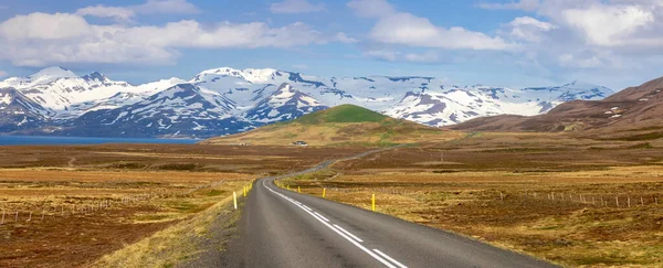 Montagnes Enneigées Prairies Long Autoroute Panoramique Islande — Photo