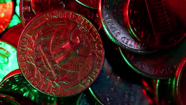 Close View Different American Coins Illuminated Colorful Lights Circular Motion — Stock Video