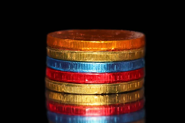 Colorful Chocolate Coins Stacked Black Background — Stock Photo, Image