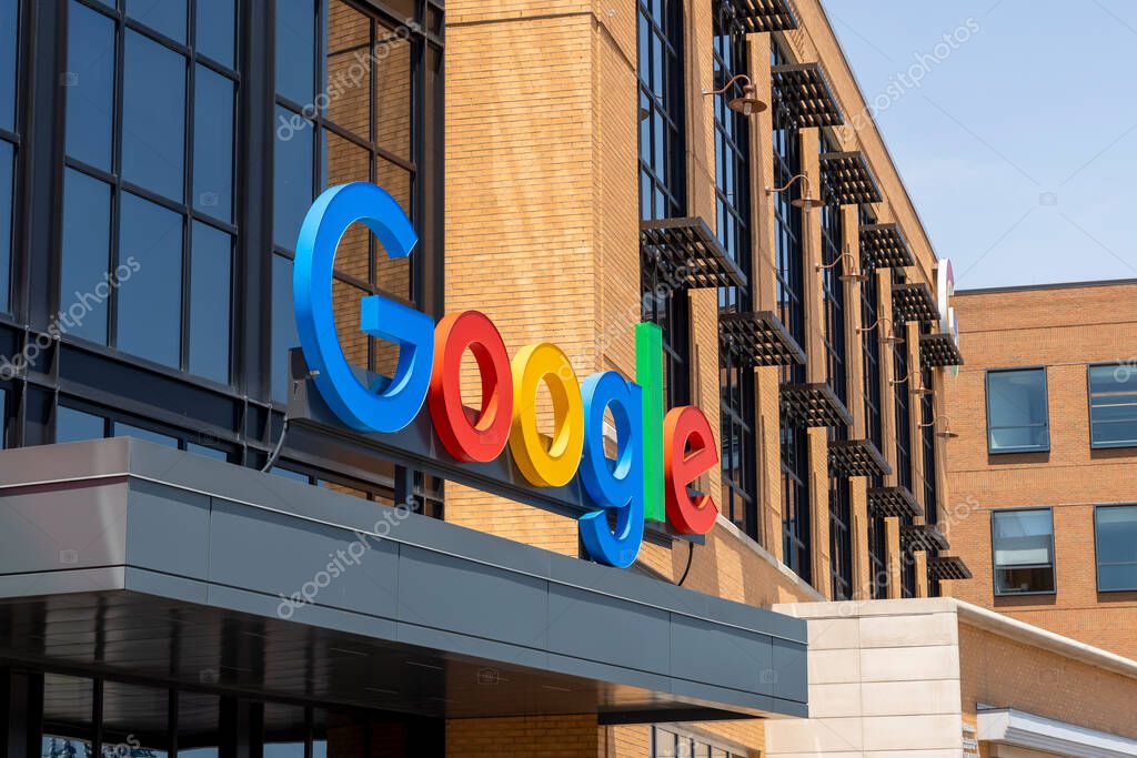 Google sign at the entrance of office building in Detroit, Michigan.