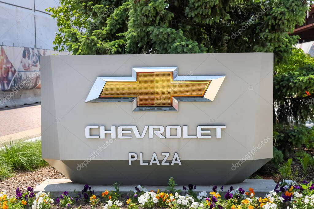 Detroit, Michigan, USA - May 30, 2022: Exterior sign of Chevrolet Plaza located with in Little Caesars Arena, a multi-purpose arena in Midtown Detroit.