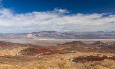 Desert landscape in Death Valley national park in California, with sandstones hills and sand dunes.