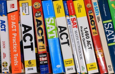 Detroit, Michigan - August 05, 2022 : Row of ACT and SAT books contain standardized practice tests for university admissions in USA.
