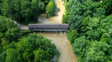 Aerial view of State road covered bridge in Ashtabula county Ohio.