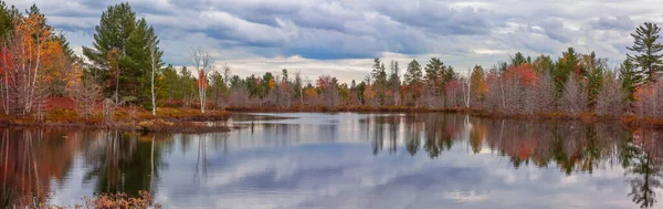 Panoramic View Birch Lakes Landscape Perfect Reflection Autumn Trees Clouds — Stock fotografie