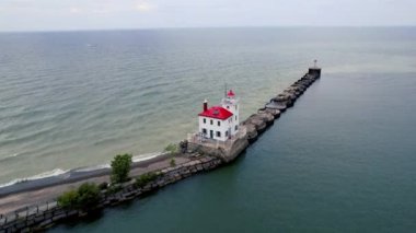 Aerial view of Fairport Harbor West Breakwater Light in Lake Erie, Ohio.