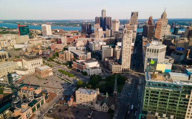 Detroit, MI USA - May 30, 2022 : Aerial view of Detroit downtown, Detroit is a second largest city in American Heartland is home to 4.3 million people.