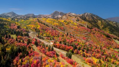 Utah 'taki kar havzasının panoramik manzarası. Ogden Dağı 'nın etrafındaki parlak yapraklar. İki resim dikişi.