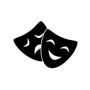 Maskeli balo ikonu. Komik ve trajik maske ikonu. Beyaz arkaplanda vektör çizimi izole edildi. Vektör illüstrasyonu.