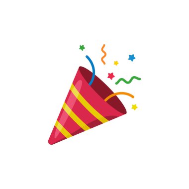 Konfeti partisi ikonu, havai fişek logosu, şapka, düz tasarım. Vektör illüstrasyonu beyaz arkaplanda izole edildi