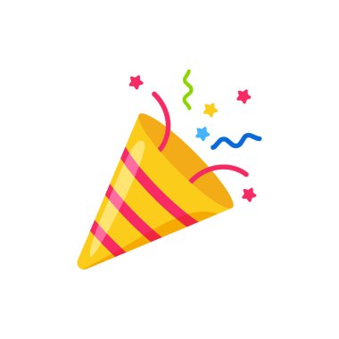 Konfeti partisi ikonu, havai fişek logosu, şapka, düz tasarım. Vektör illüstrasyonu beyaz arkaplanda izole edildi
