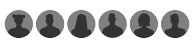 Avatar ikonu. Profil simgeleri ayarlandı. Erkek ve dişi avatarlar. Beyaz arka planda siluetler. Vektör illüstrasyonu