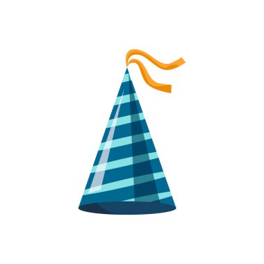 Beyaz çizgili mavi parti şapkası. Aksesuar, tatilin sembolü beyaz arka planda izole edilmiş