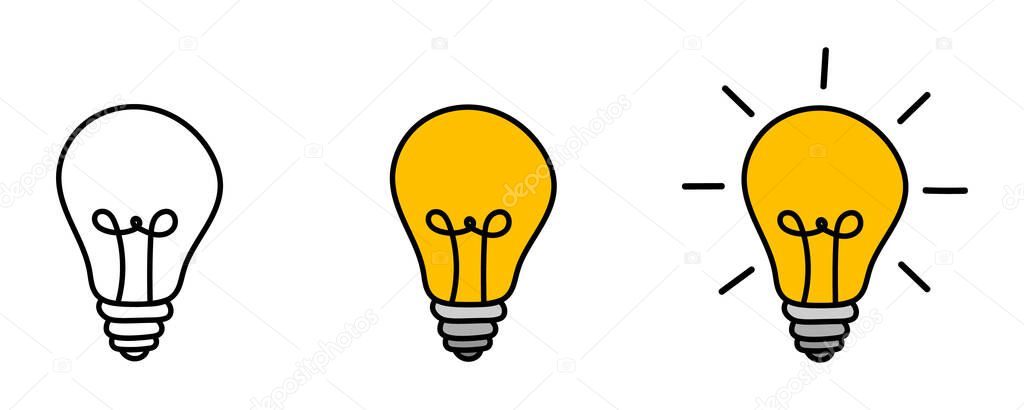 set of shining light bulb with rays. Cartoon style. Flat style. Hand drawn style. Doodle style.