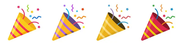 Set Confetti Party Popper Icoon Vuurwerk Logo Cap Plat Ontwerp — Stockvector