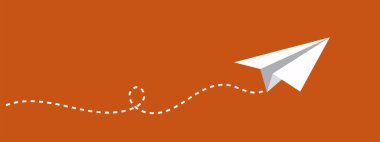 Kırmızı arka planda noktalı çizgileri olan kağıt uçak. Vektör illüstrasyonu