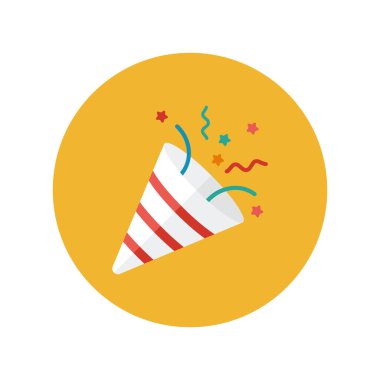 Konfeti partisi ikonu, havai fişek logosu, şapka, düz tasarım. Vektör illüstrasyonu beyaz arkaplanda izole edildi.