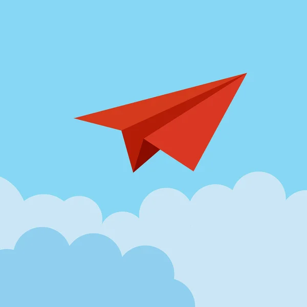 Avión Papel Rojo Estilo Plano Avión Símbolo Libertad Las Nubes — Vector de stock