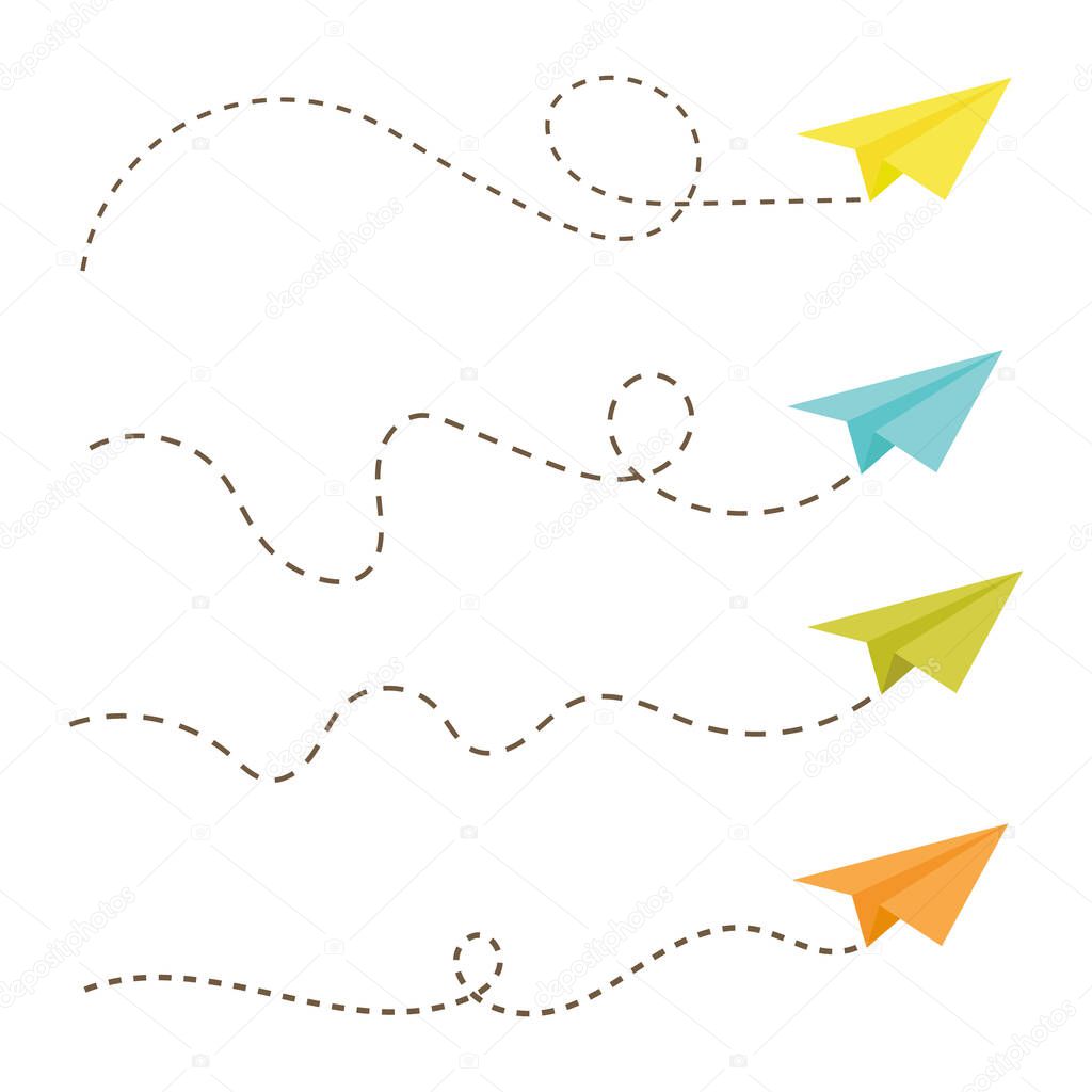 Set of paper airplane with dotted line. Vector illustration