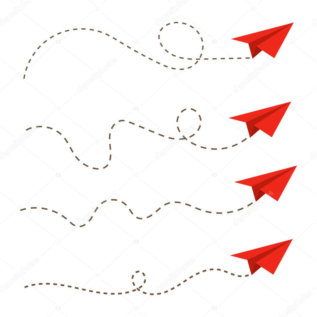 Set of paper airplane with dotted line. Vector illustration