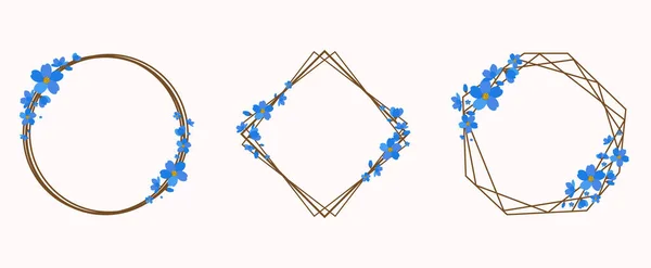 Conjunto Marcos Geométricos Con Flores Azules Aislado Sobre Fondo Blanco — Archivo Imágenes Vectoriales