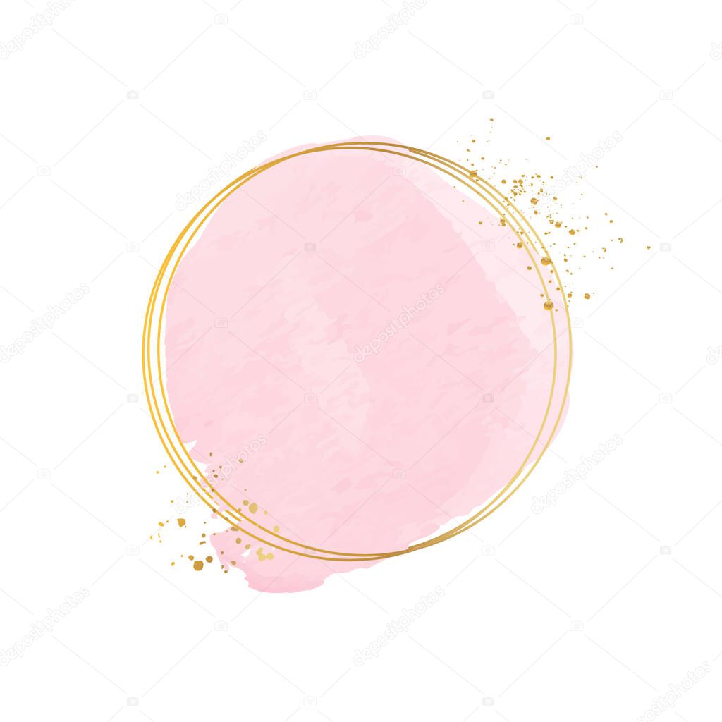 Gold frame with watercolor brush strokes. Watercolor strokes. Pink strokes. Vector illustration