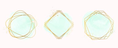 Bir dizi altın çerçeve. Turkuaz suluboya. El çizimi soyut çokgen altın çerçeveler. Beyaz arka planda izole edilmiş. Vektör illüstrasyonu