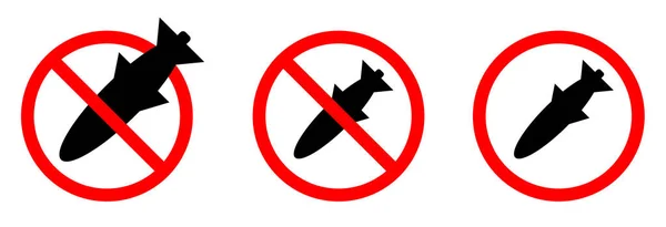 Set Stop Bombing schwarzes Zeichen, Symbol, Symbol, Logo in rotem Kreis isoliert auf weißem Hintergrund. — Stockvektor