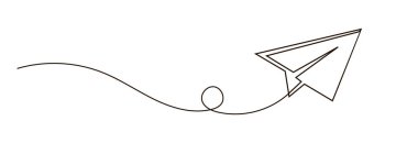 Kağıt uçak sürekli bir çizgi çiziyor. Çizgi çalışması. Vektör illüstrasyonu