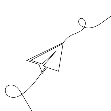 Kağıt uçak sürekli bir çizgi çiziyor. Çizgi çalışması. Vektör illüstrasyonu