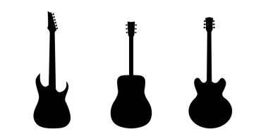 Set of guitar silhouettes, electric guitars, acoustic guitars, rock guitars on a white background. Vector illustration